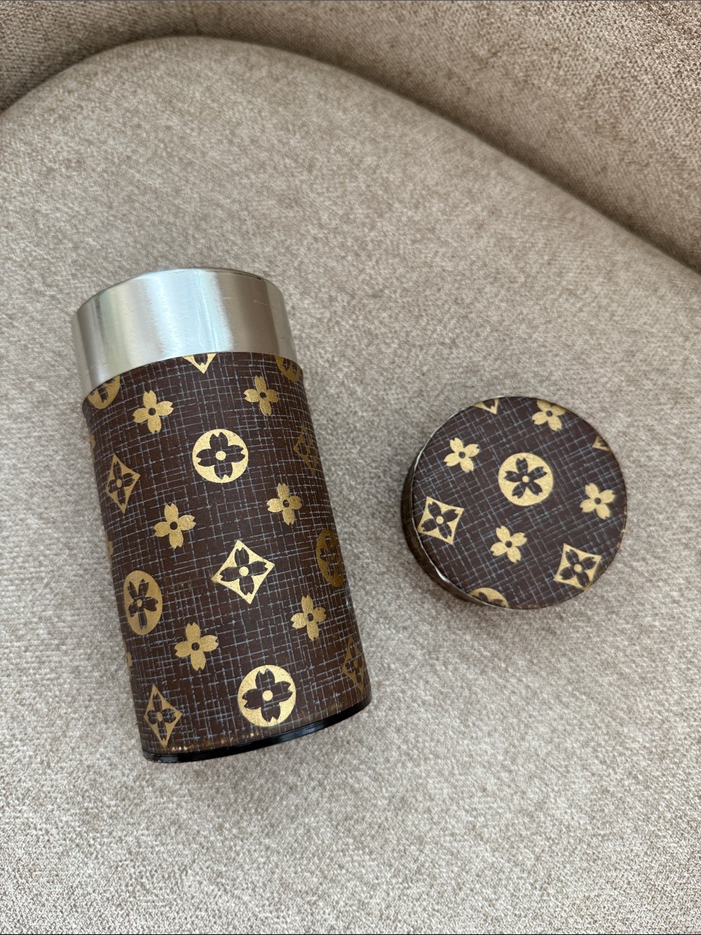 Monogrammed Cylindrical Case Metal Canister in Brown and Gold
